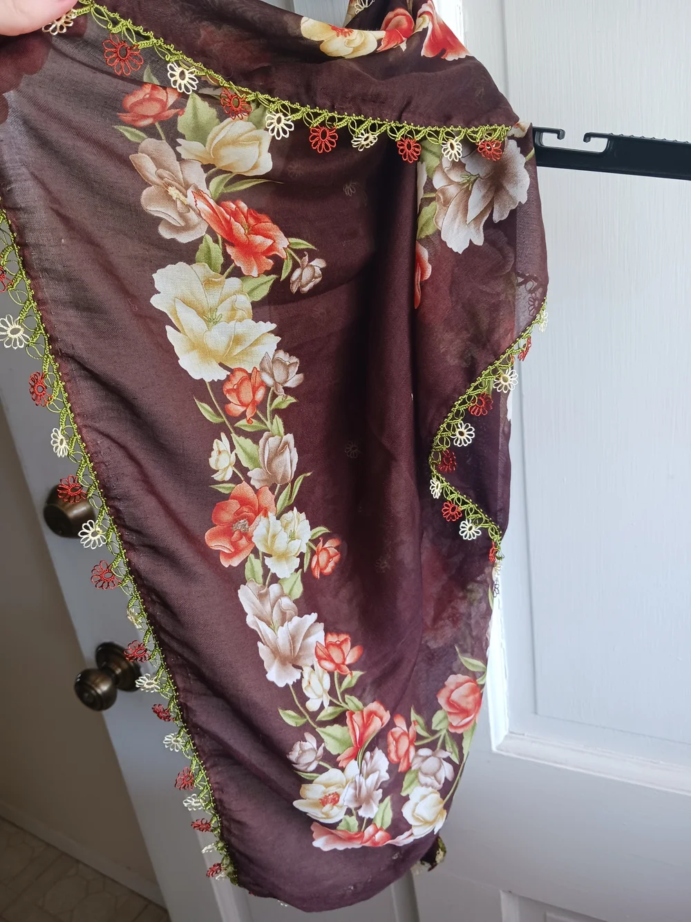 Turkish Oya Style Scarf Vintage Hijab Headscarf Bandana Brown Floral Design